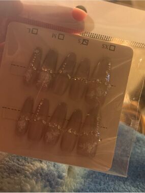 Neutral Nude Press-On Nails with Rhinestones & White Floral Accents